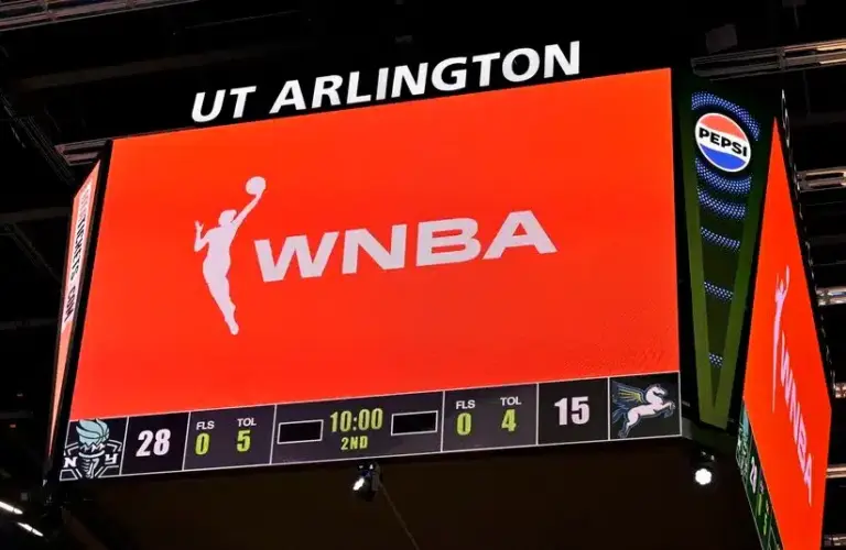 A view of the scoreboard and the WNBA logo as an announcement is made about throwing any toys or objects on to the court during the first half of the game etween the Dallas Wings and the New York Liberty at College Park Center. Washington Mystics, Dream