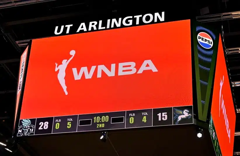 A view of the scoreboard and the WNBA logo as an announcement is made about throwing any toys or objects on to the court during the first half of the game etween the Dallas Wings and the New York Liberty at College Park Center. Washington Mystics, Dream