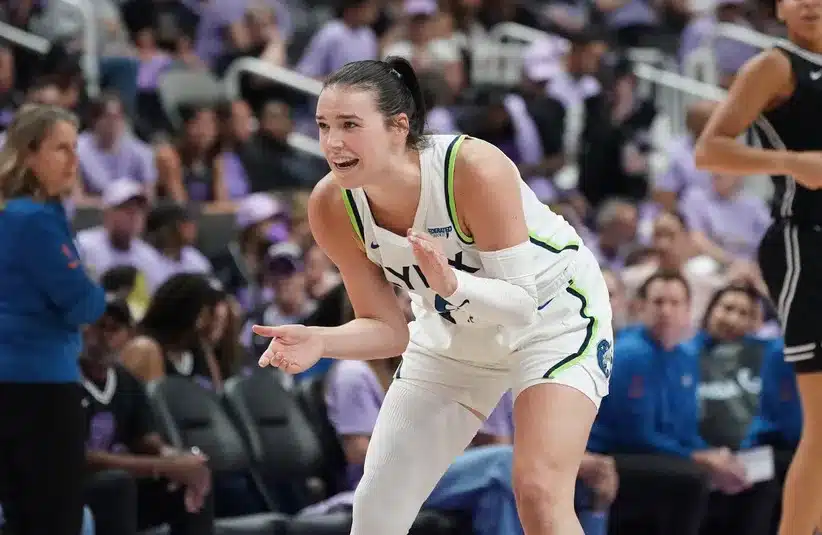 Minnesota Lynx forward Bridget Carleton celebrates after scoring against the Golden State Valkyries in the third quarter in game two of round one for the 2025 WNBA Playoffs at SAP Center.