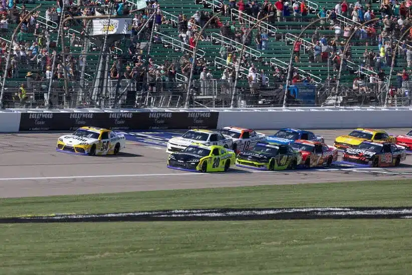 Sep 27, 2025; Kansas City, Kansas, USA; Racers at the begging of the NASCAR Xfinity Playoff Race at Kansas Speedway.