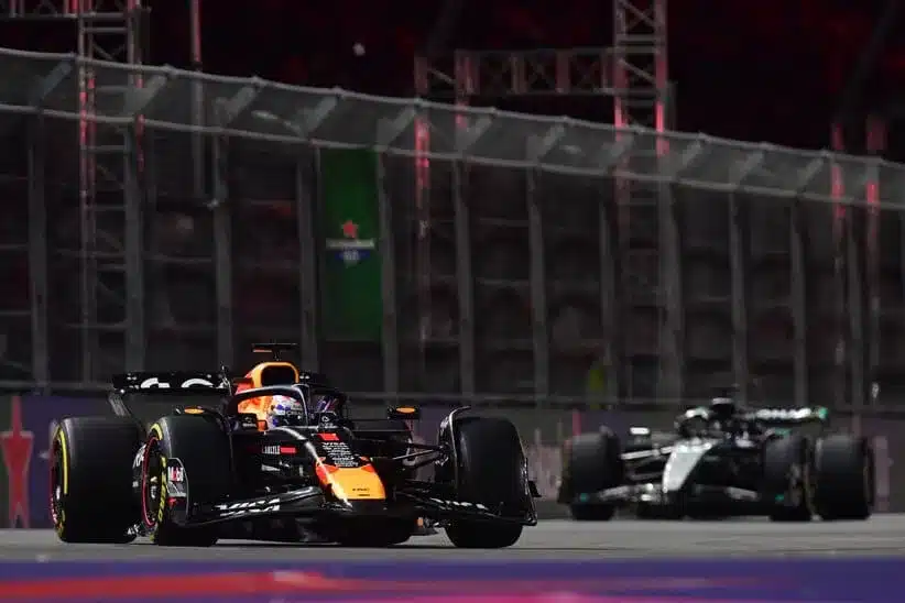 Brundle; Nov 21, 2025; Las Vegas, NV, USA; Red Bull Racing driver Max Verstappen (1) leads Mercedes driver George Russell (63) during the Las Vegas Grand Prix at Las Vegas Strip Circuit.
