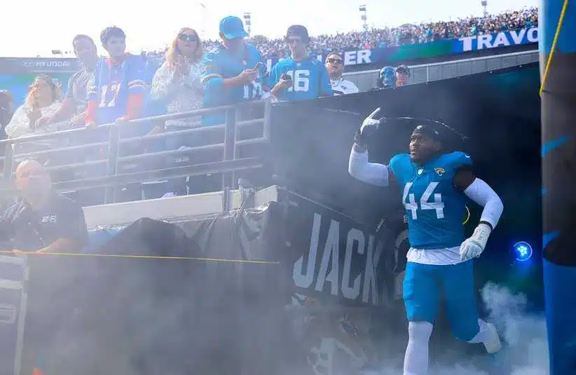 Jacksonville Jaguars defensive end Travon Walker is introduced before an NFL football AFC Wild Card playoff matchup.