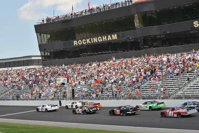 May 4, 2008; Rockingham, NC, USA; ARCA RE/MAX Series driver Joey Logano (25) leads the field to the green flag to begin the Carolina 500 at the Rockingham Speedway.