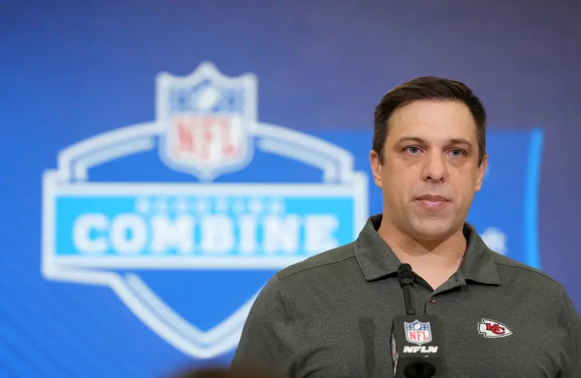 Kansas City Chiefs general manager Brett Veach speaks at the NFL Scouting Combine at the Indiana Convention Center.