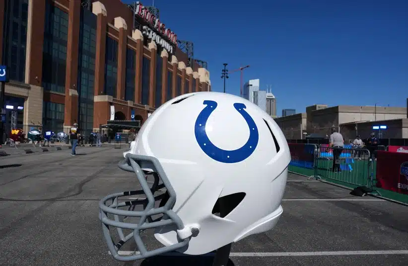 A Colts helmet outside of Lucas Oil Stadium.