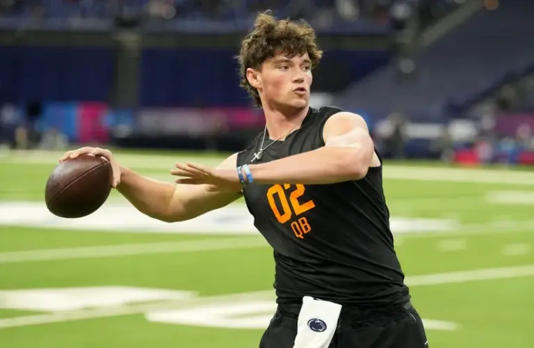 Penn State quarterback Drew Allar (QB02) during the NFL Scouting Combine.