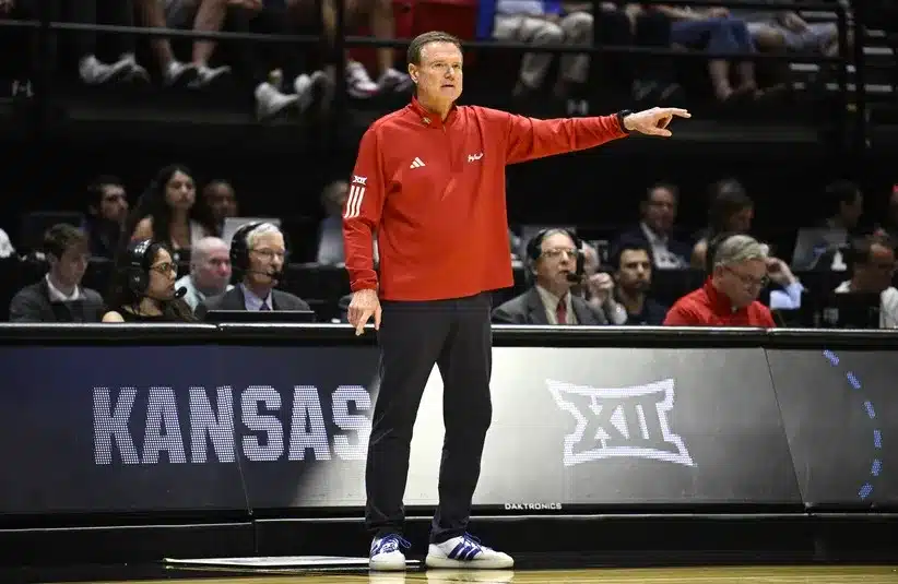 Kansas Jayhawks head coach Bill Self looks on in the first half.