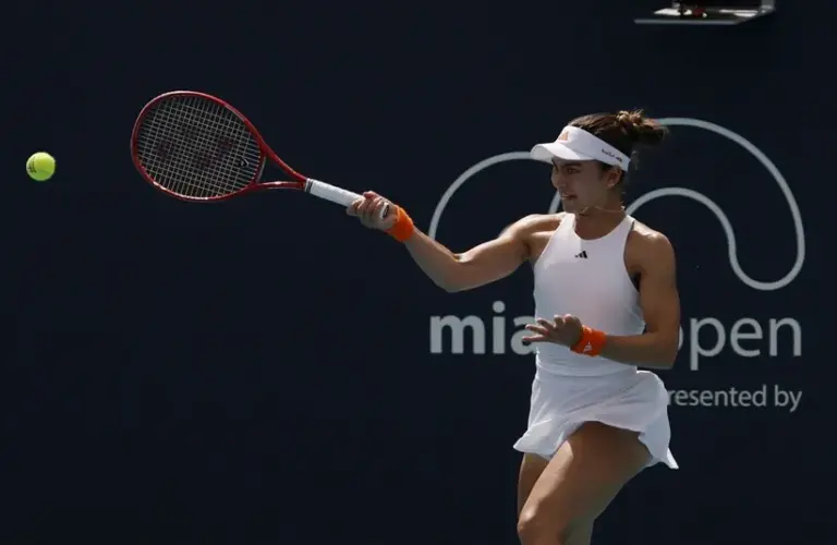 Iva Jovic (USA) hits a forehand.