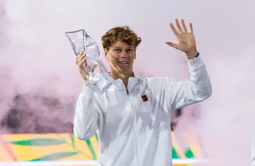USA; Jannik Sinner of Italy poses with the Butch Buchholz Championship Trophy.