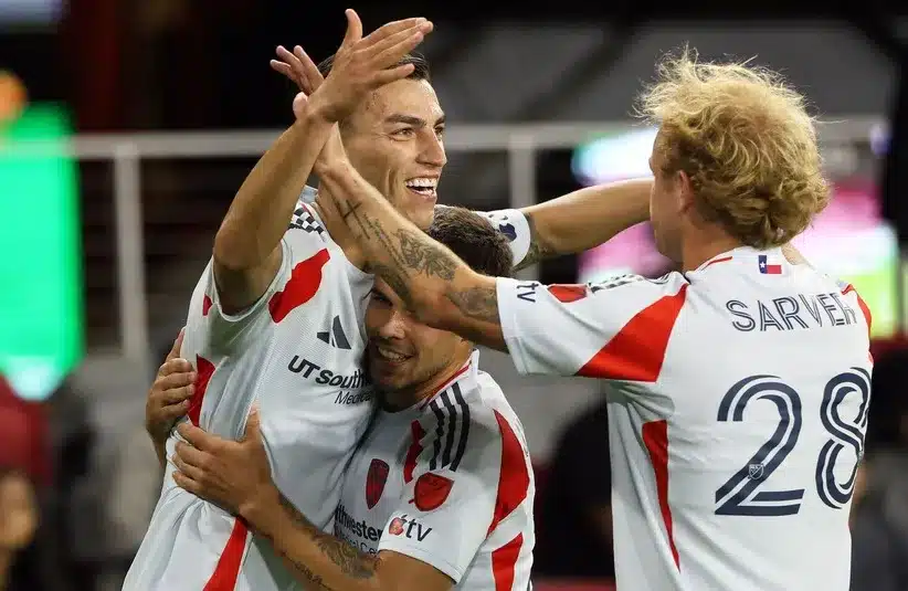 FC Dallas forward Petar Musa (9) celebrates after scoring a goal.