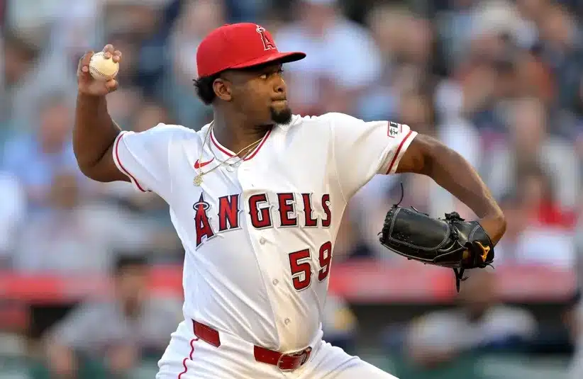 Los Angeles Angels pitcher Jose Soriano (59) delivers to the plate.