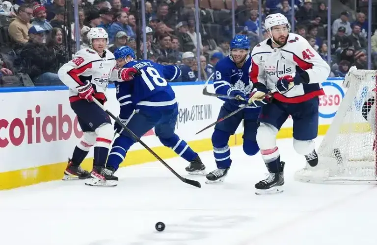 Toronto Maple Leafs center Calle Jarnkrok (19) battles with Washington Capitals right wing Tom Wilson (43).