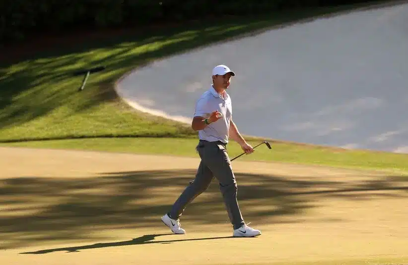 Rory McIlroy reacts to his putt on the thirteenth green.