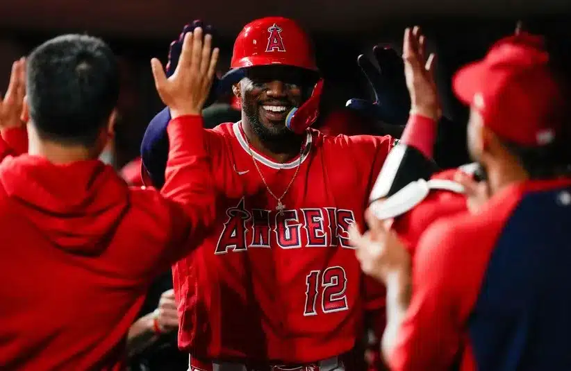 Los Angeles Angels designated hitter Jorge Soler (12) celebrates after hitting a grand slam.