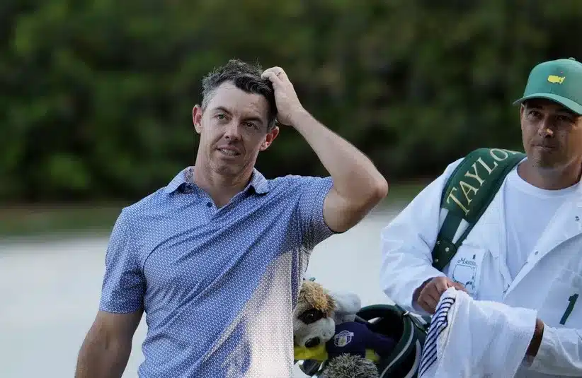 Rory McIlroy reacts after a putt on the 13th green.