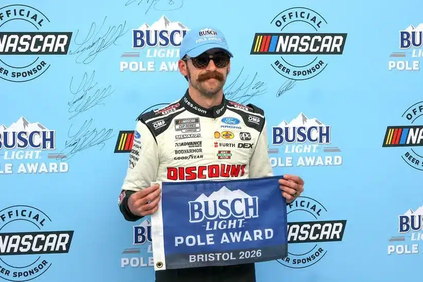 Apr 11, 2026; Bristol, Tennessee, USA; Team Penske driver Ryan Blaney (12) wins the pole position at Bristol Motor Speedway.