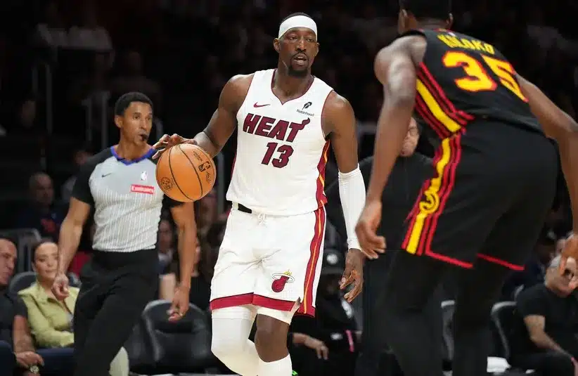 Miami heat forward Bam Adebayo (13) dribbles.