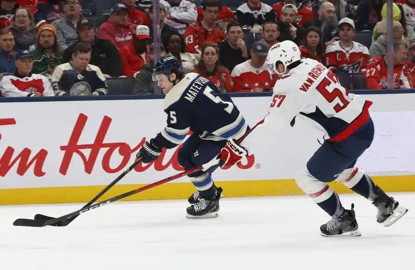 Columbus Blue Jackets defenseman Denton Mateychuk (5) skates.