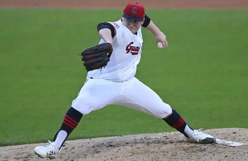 Cleveland Guardians starting pitcher Parker Messick (77) delivers a pitch.