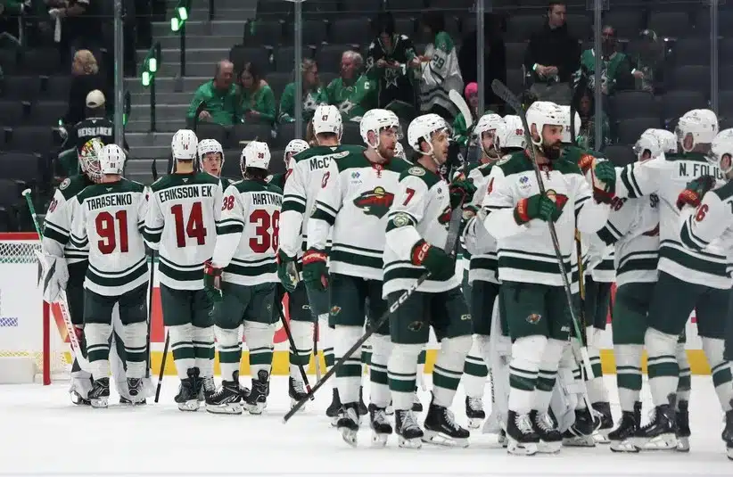 Minnesota Wild goaltender Jesper Wallstedt (30) celebrates.