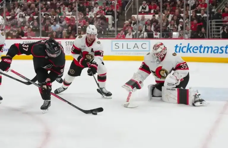 Carolina Hurricanes right wing Andrei Svechnikov (37) tries to control the puck.
