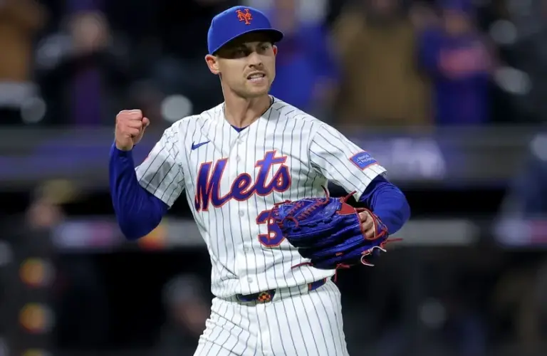 New York Mets relief pitcher Luke Weaver (30) reacts during the ninth inning.