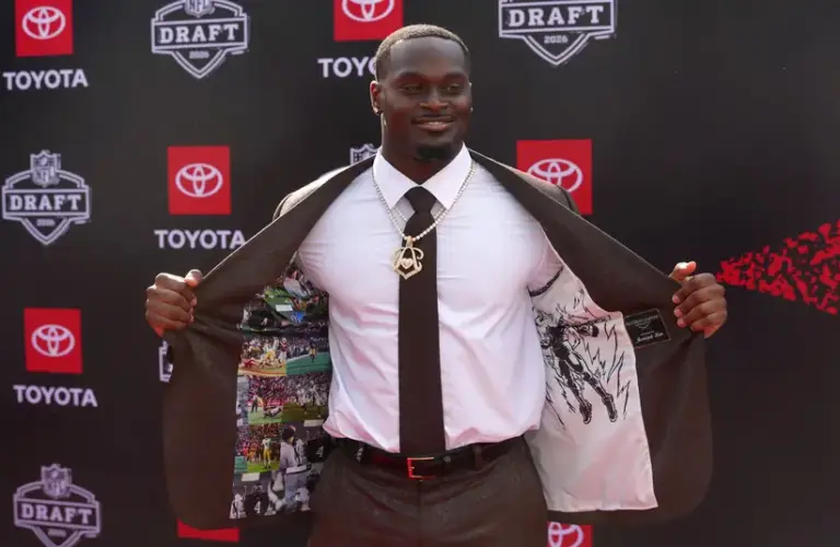 Apr. 23, 2026; Pittsburgh — Notre Dame RB Jeremiyah Love on the red carpet before the NFL Draft at Point State Park.
