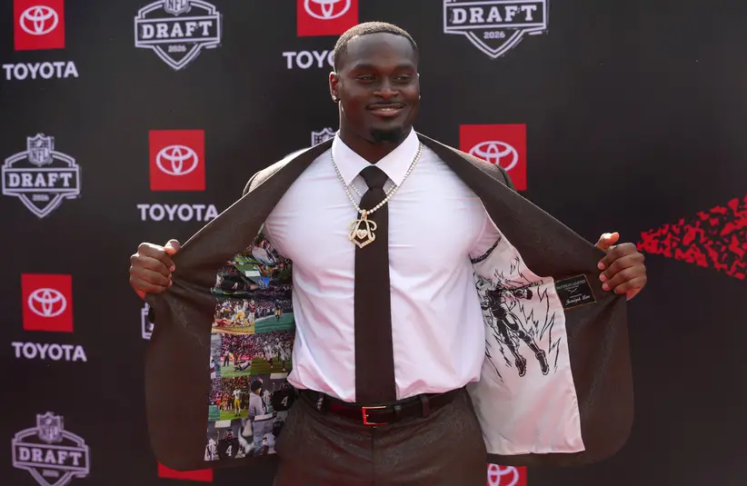 Apr. 23, 2026; Pittsburgh — Notre Dame RB Jeremiyah Love on the red carpet before the NFL Draft at Point State Park.