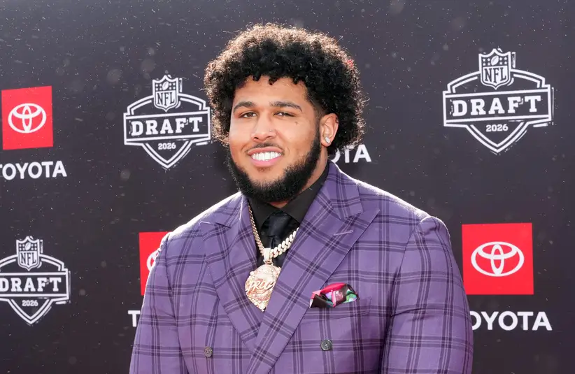 April 23, 2026; Pittsburgh — Alabama offensive tackle Kadyn Proctor poses on the red carpet before the 2026 NFL Draft at