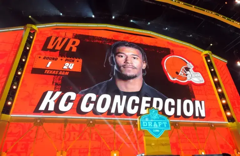 A&M WR KC Concepcion is selected by the Cleveland Browns with the No. 24 pick in the 2026 NFL Draft at Acrisure Stadium.