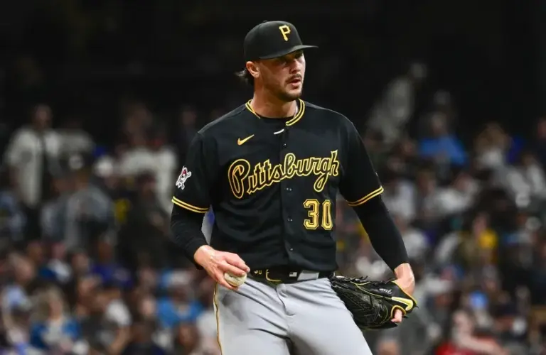 Pittsburgh Pirates starting pitcher Paul Skenes (30) reacts after giving up a hit.