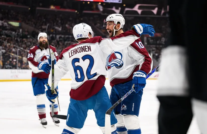 Colorado Avalanche center Nicolas Roy celebrates a goal against Los Angeles; the Avalanche beat Kings 8-4 in the 2026-27 opener
