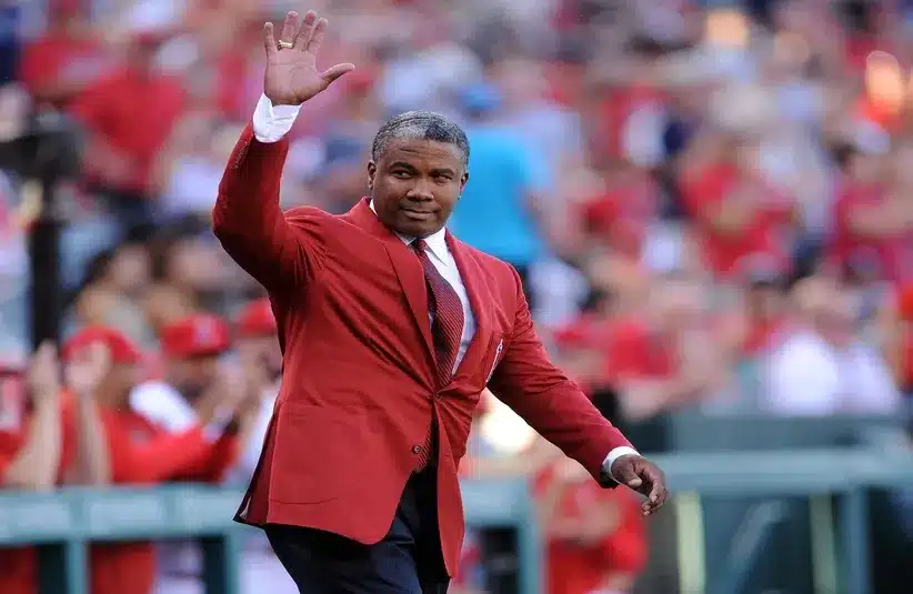 Former Los Angeles Angels player Garret Anderson acknowledges spectators.