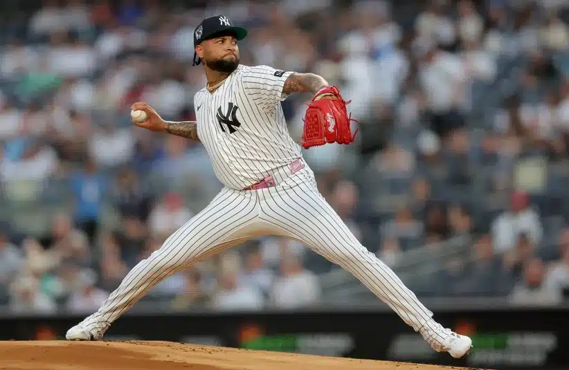 Apr 15, 2026; Bronx, New York, USA; New York Yankees starting pitcher Luis Gil pitches against the Los Angeles Angels during the first inning at Yankee Stadium.