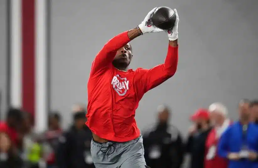 Ohio State Buckeyes wide receiver Carnell Tate catches a ball during Pro Day for NFL scouts at the Woody Hayes Athletics Center on March 25, 2026.