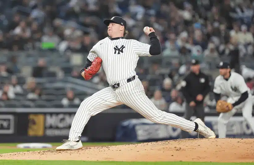Apr 4, 2026; Bronx, New York, USA; New York Yankees pitcher Ryan Weathers (40) delivers a pitch against the Miami Marlins during the second inning at Yankee Stadium.