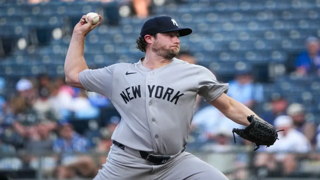 May 27, 2026; Kansas City, Missouri, USA; New York Yankees starting pitcher Gerrit Cole (45) delivers a pitch against the Kansas City Royals at Kauffman Stadium.