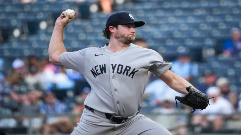 May 27, 2026; Kansas City, Missouri, USA; New York Yankees starting pitcher Gerrit Cole (45) delivers a pitch against the Kansas City Royals at Kauffman Stadium.