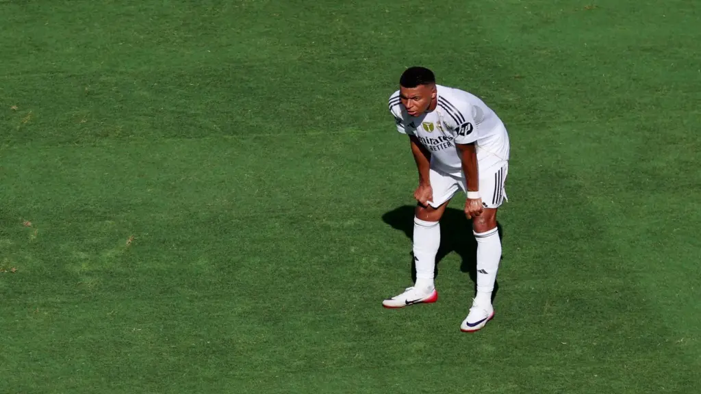 East Rutherford, New Jersey, USA; Real Madrid CF forward Kylian Mbappe (9) looks on during a semifinal match.