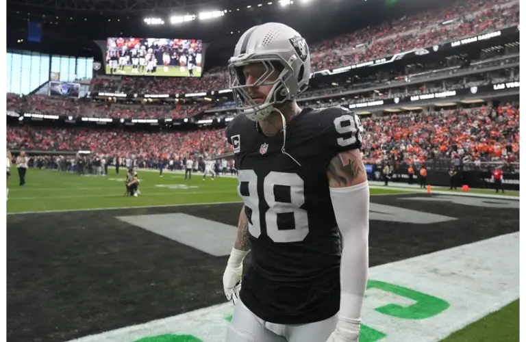 Dec 7, 2025; Paradise, Nevada, USA; Las Vegas Raiders defensive end Maxx Crosby (98) on the field prior to a game against the Denver Broncos at Allegiant Stadium. Mandatory Credit: Kirby Lee-Imagn Images