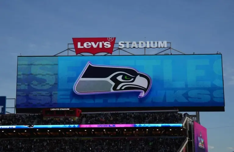 The Seattle Seahawks logo is shown during the game in Super Bowl LX at Levi's Stadium. Jadarian Price