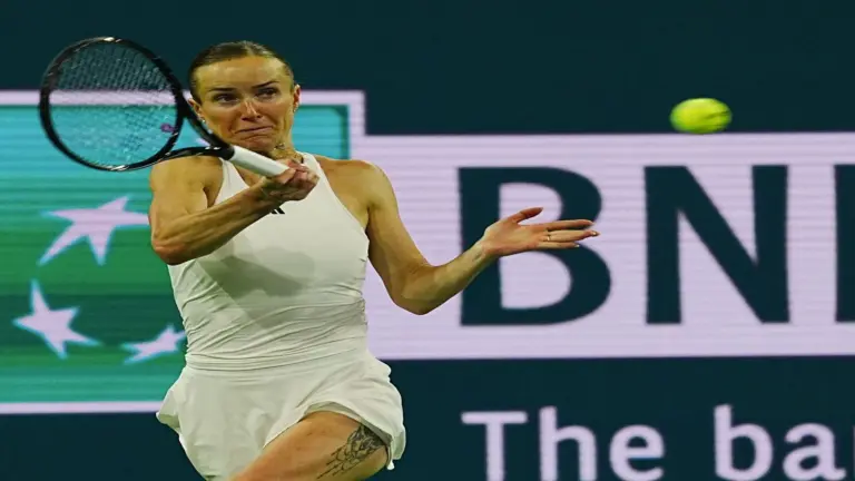 Elina Svitolina hits a return during her match.