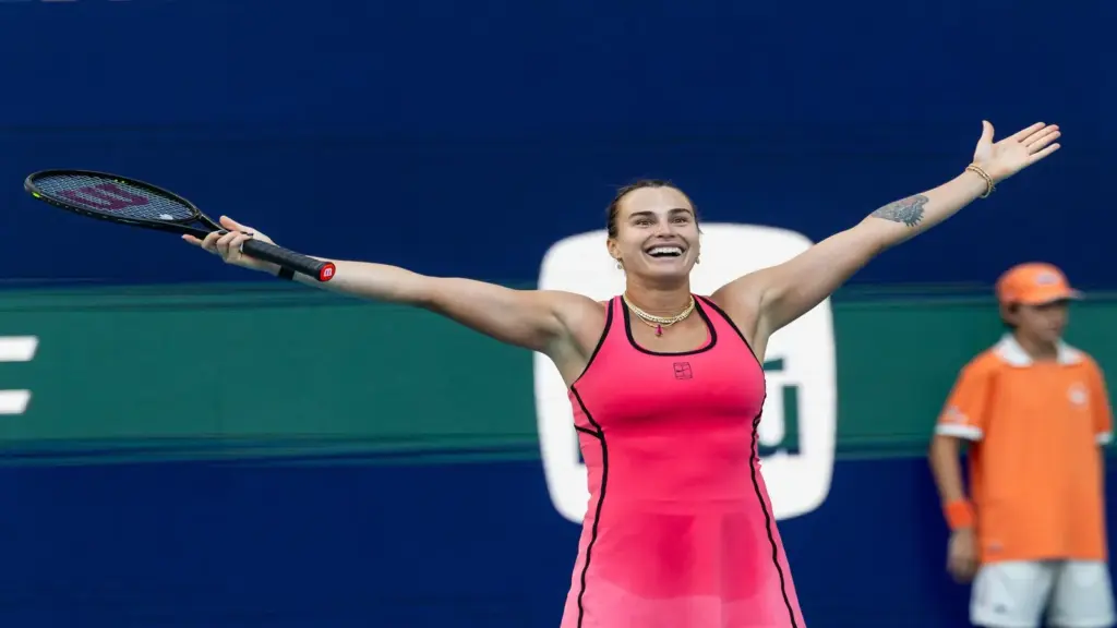 Aryna Sabalenka of Belarus celebrates.
