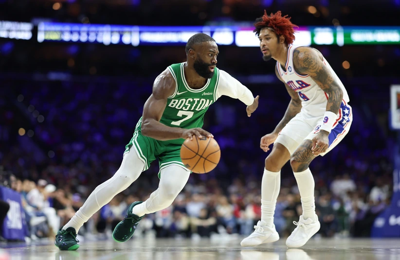 Jaylen Brown driving to the basket in Game 7 vs the 76'ers. Boston Celtics