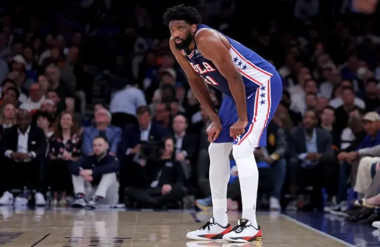Philadelphia 76ers center Joel Embiid (21) reacts during the first quarter.
