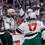 Wild Predators season opener: Minnesota’s Nick Foligno celebrates a goal against Colorado in the 2026 playoffs
