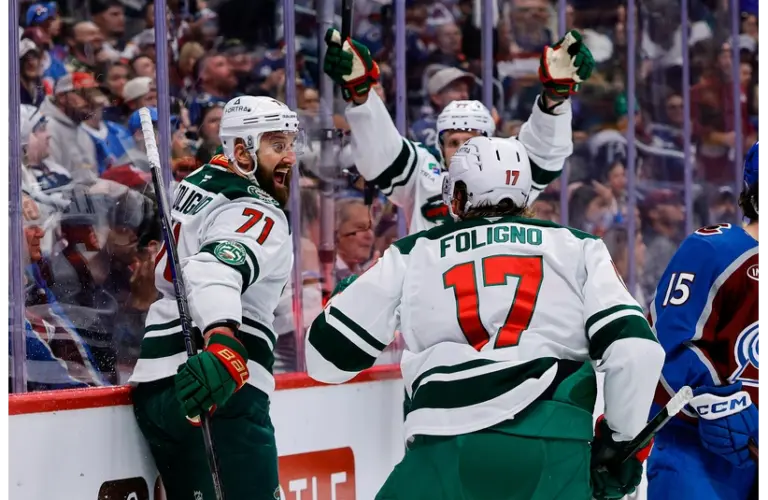 Wild Predators season opener: Minnesota’s Nick Foligno celebrates a goal against Colorado in the 2026 playoffs