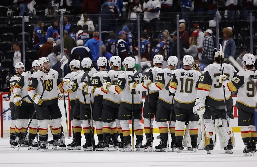 Vegas Golden Knights react after defeating the Colorado Avalanche.