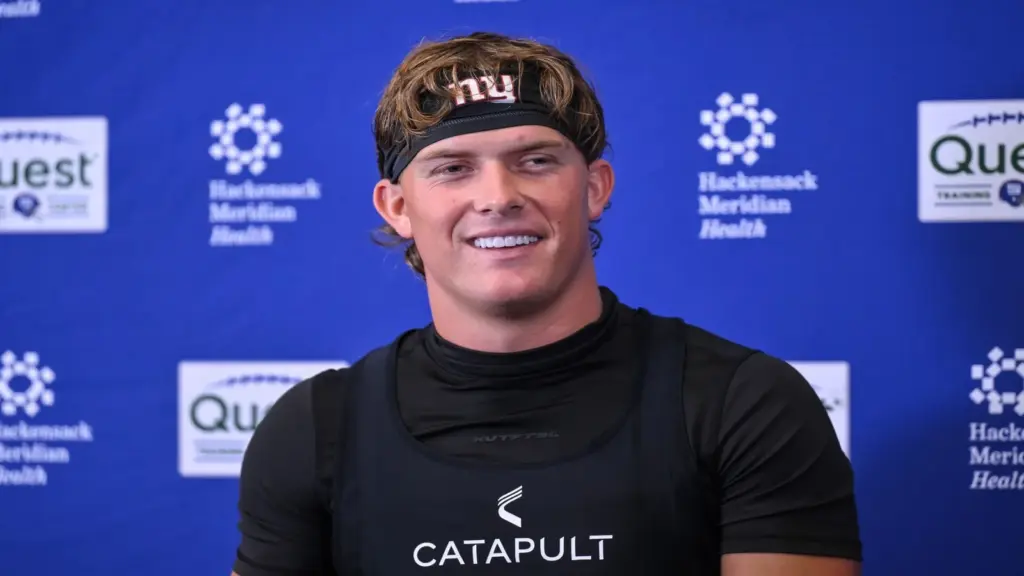 Giants quarterback Jaxson Dart speaks to reporters ahead of the Cardinals vs. Giants preview