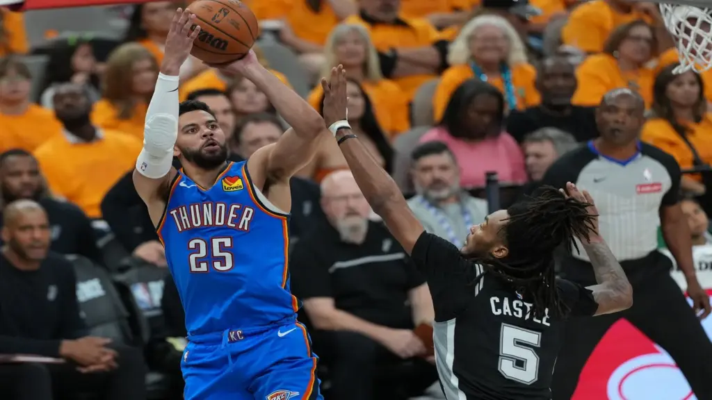 Oklahoma City Thunder guard Ajay Mitchell (25) shoots the ball.